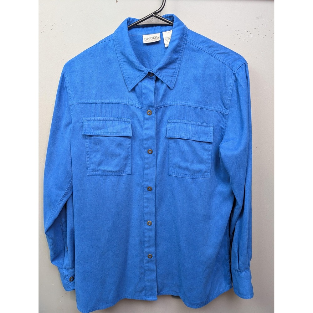 Chico's Button Down Shirt Women Size 1 Blue Faux Suede Utility‎ Pockets 14116